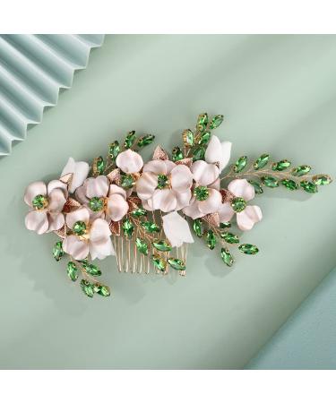 Kercisbeauty Emerald Green Crytal Hair Comb Gold Flower Beaded Hair Piece for Wedding Brides Bridesmaid Girls Prom Hair Accessories(Green)