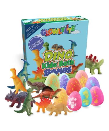 GLOWLYLITE - 9 Bath Bombs for Kids with Surprise Dinosaur Inside - Colorful Dino Bath Bombs with Toys Inside for Kids - Bubble Bath Gift for Every Occasion - XL Toys - Stickers Included - (Pack of 1)