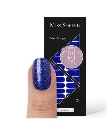 Original Miss Sophie nail foils Starry Night I 24 ultra-thin nail polish strips with glitter in blue I For fingernails & toenails I Holds on natural painted acrylic gel & shellac nails Starry Night 24