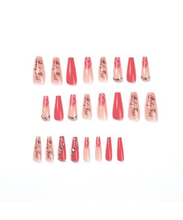 Valentine's Day Long Press on Nails with Rhinestone Designs - Pink & Black Letter Fake Nails - 24 Pcs Coffin Shape - Women's Artificial False Nails - Buy Online on GoSupps.com