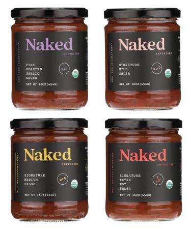 Naked Infusions Organic Gourmet Salsa - Variety Pack - Mild - Medium - Extra Hot - Garlic - 4 x 16 oz jars