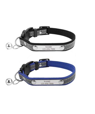 Mogokoyo 2-packing bells Cat neck band with name and telephone number personalized reflective cat neck band with safety lock adjustable collar for cat (style 1- black & blue)