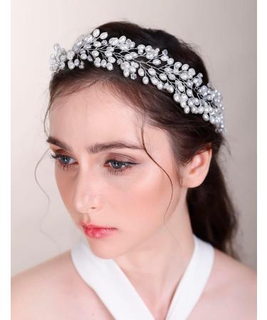 Chargances Bridal Long Pearl Hair Vine Wedding Silver Rhinestone Headband Fashion Bride Crystal Hair Vine Wedding Prom Flower Girl Hair Accessories for Women and Girls (Silver) - Buy Online on GoSupps.com