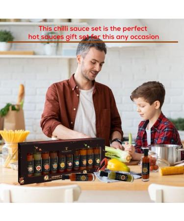 Chilli Lover Gift Set 2023 - Gourmet Hot Sauce Set for Men & Women | Christmas Present | 10 x 50ml Glass Bottles | Vegan | Chili Challenge | 12 PC Set - Buy Online on GoSupps.com