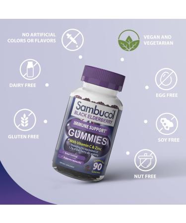 Sambucol Black Elderberry Gummies with Vitamin C & Zinc - Immune Support with High Antioxidants | Gluten Free & Vegan Elderberry Gummies for Adults - 90 Count - Buy Online on GoSupps.com