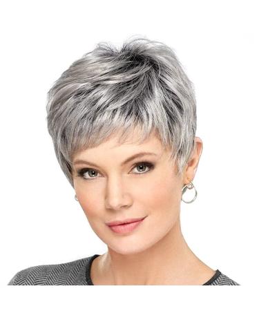 DKE&YMQ Gray Wigs for Women, Temperament, Oblique Bangs, Texture, Fluffy Short Hair, Black Gradient Silver, Middle-Aged and Elderly Women’S, Natural Hair for Daily Use, Suitable for Girls and Women