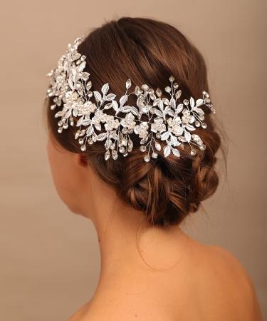 Chargances Wedding Big Flower Leaf Hair Vine Bridal Crystal Beaded Headband Dainty Rhinestone Handmade Hair Accessories Luxurious Hair Pieces for Women and Girls Brides (Silver)