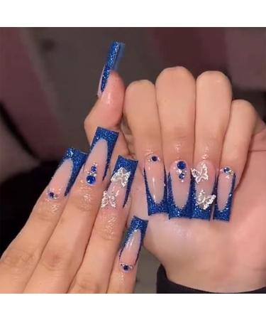 24pcs Long Coffin False Nails French Tip Glitter Blue Stick on Nails Press on Nails with Butterfly Removable Glue-on Nails Full Cover Fake Nails Women Girls Nail Art Accessories 0267Y32 - Buy Online on GoSupps.com