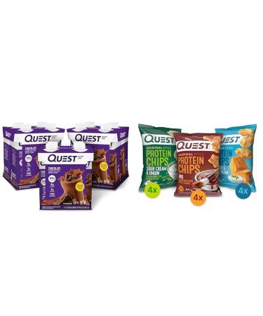 Quest Nutrition Ready To Drink Chocolate Protein Shake High Protein Low Carb Gluten Free & Protein Chips Variety Pack (BBQ Cheddar & Sour Cream Sour Cream & Onion)