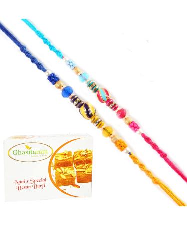 Ghasitaram Gifts Rakhi for Brother Rakhis Online - Set of 2-mbh333a Rakhis with 400 GMS of Besan Barfi Rakhi Set with 400 gms of Besan Barfi