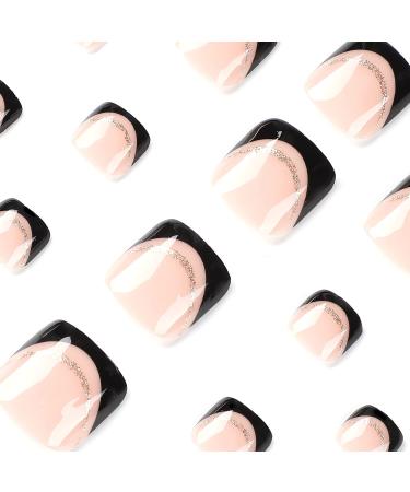 24Pcs Short Black French Tip Glitter Toe Nails Set - Nude Acrylic Summer False Toenails for Women - Buy Online on GoSupps.com