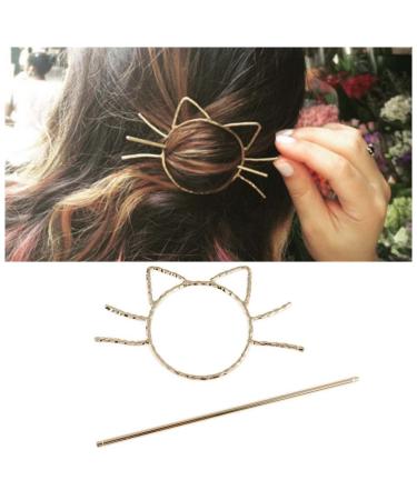 Yheakne Metal Hair Slide Clip Barrette Cat Shape Hair Stick Pin Vintage Hair Fork Pin Bun Holder Alloy Hair Clip Decorative Hair Accessories for Women and Girls (Gold)