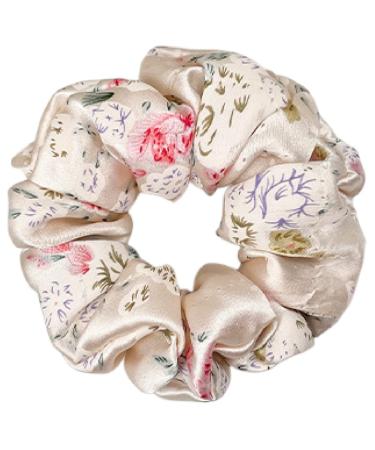 Xinmurffy 100% Mulberry Silk Scrunchies for Women's Hair Floral Print Satin Silk Thick Elastic Hair Ties 19 Momme 3CM (White Flower)
