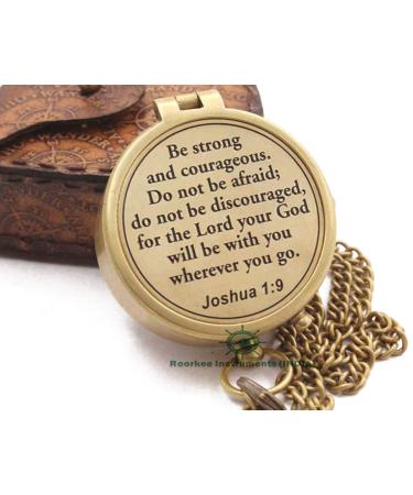 Be Strong And Courageous Joshua 1:9 Solid Brass Directional Engraved Compass Baptism Gifts for Boys Girls First Communion Christian Gifts for Men First Confirmation Gifts for Boys Catholic Gifts Be Strong and Courageous (Leather Case C)