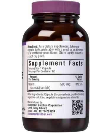 Bluebonnet Nutrition Niacinamide 500mg - Cardiovascular Health Support - 60 Vegan Capsules - Buy Online on GoSupps.com