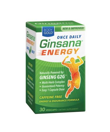 Body Gold Ginsana Energy Once Daily | Panax Ginseng Extract w/Energizing Herbal Blend for Focus & Endurance | No Caffeine | 30 VegCap 30 Count (Pack of 1)