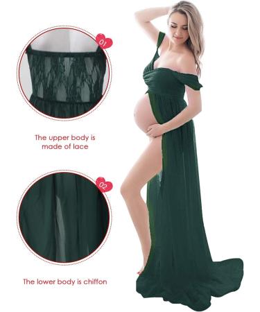 FEOYA Green Maxi Maternity Dress with Lace for Pregnant Women - Perfect for Photography, Strapless Gown with Split Front - Full-Length Chiffon Elegance - Buy Online on GoSupps.com