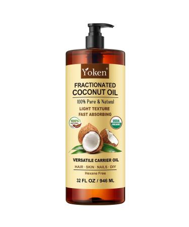 Yoken Organic Fractionated Coconut Oil 32 Fl Oz USDA Certified Liquid Coconut Oil for Hair & Body Carrier Oil for Essential Oils Unscented Hexane Free