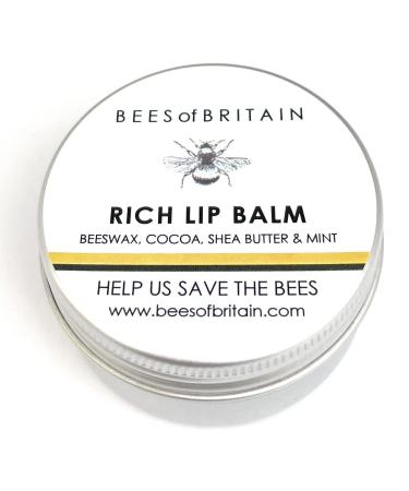 BEES of BRITAIN - 100% Natural Lip Balm - Shea Cocoa Butter Beeswax Mint. Repairs Soothes Hydrates. We Donate 5% of our Profit to Save Bees + Pollinators. 30ml
