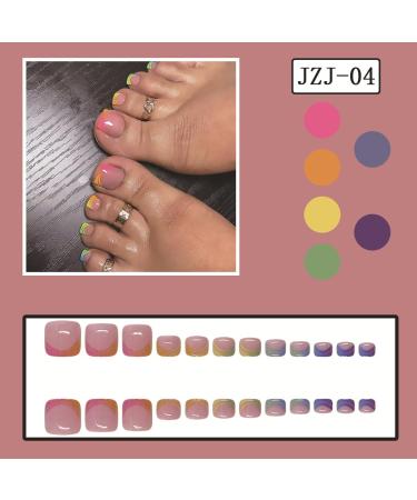Buy Rainbow Press On French Tip Fake Toenails - Glossy Pink Acrylic Toe Nails with Colorful Designs for Women - Buy Online on GoSupps.com