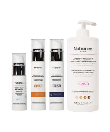 Nubiance - Complete range of hyperpigmentation correctors for face hands and neckline. Contains 4 products : 1 SPF30 day care 1 night care 1 body lotion and anti dark spot serum. Made in France