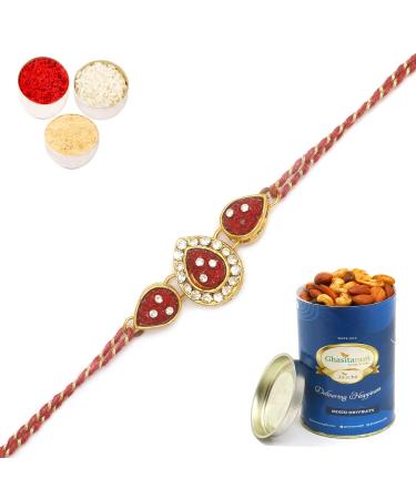 Ghasitaram Gifts Rakhis Online J-33063 Leaf Rose Jewel Rakhiwith 100 GMS of Dryfruits Mix Can Rakhi Set with 100 gms of Dryfruits Mix Can