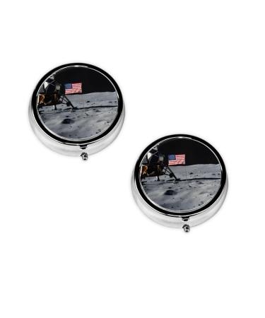 (Astronaut On The Moon) Round Pill Box 3 Compartment Pill Box Mini Decorative Pocket Purse Portable Travel Medicine Tablet Vitamin Holder Organizer Pill Case