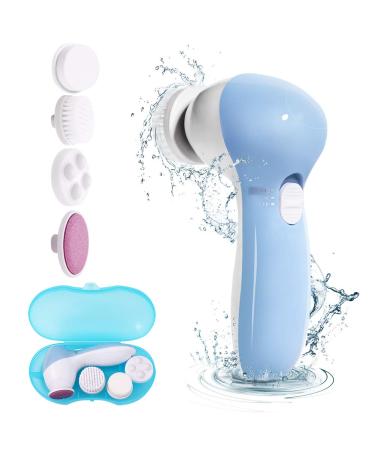 MOSCHOW Face Cleansing Brush with Travel Case 4-in-1 Set Waterproof Facial Cleansing Brush with 4 Exfoliating Brush Heads for Deep Cleansing (Blue)