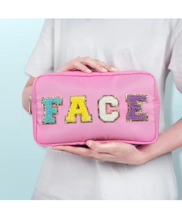 Nylon Waterproof Preppy Makeup Bag - Girls Chenille Letter Travel Organizer Pouch for Toiletries & Cosmetics, Pink-Face - Buy Online on GoSupps.com