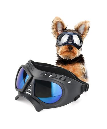 SLDPET Dog Sunglasses for Small Breed Dog Goggles Dog UV Glasses Windproof Snowproof for Long Snout Dogs Mask with Soft Frame Adjustable Straps for Small/Medium Dogs Puppy (Black with Blue Lens)