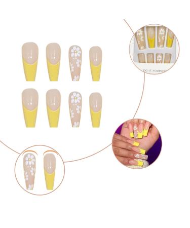 Luvadeyo 24 PCs Yellow White Flower Press-On Nails | Long Summer Ballerina Fake Nails with Glue for Women - Buy Online on GoSupps.com