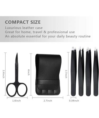 5 in 1 Stainless Steel Tweezers Set for Precision Hair Removal - Includes Eyebrow Scissors - Black Tweezers for Ingrown Hair, Splinters - Buy Online on GoSupps.com