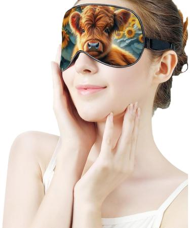 Cute Highland Cow Sleeping Mask with Sunflowers Adjustable Light-Blocking Eye Cover for Men Women Girls & Boys | Watercolor Soft Sleepmask - Buy Online on GoSupps.com