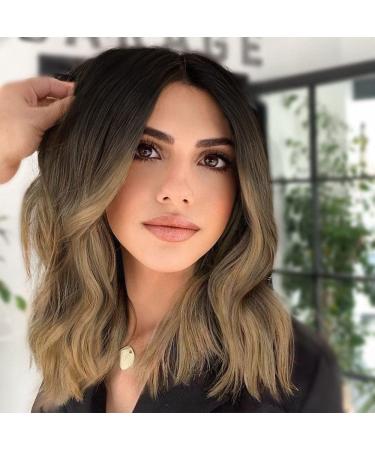 AISI HAIR Short Wavy Brown Wig for Women Synthetic Ombre Brown Bob Wavy Wigs Natural Looking Synthetic Full Wigs for Daily
