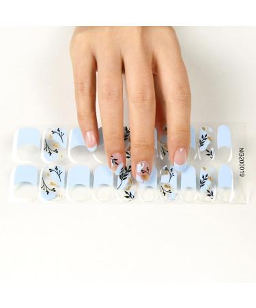 Semi Cured Nail Wraps - 20 Soft Gel Stickers for French Manicure | Blue French Flowers Design | UV/LED Lamp Required - Buy Online on GoSupps.com