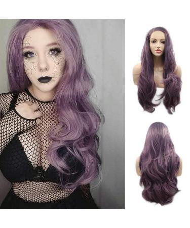 Long wavy purple synthetic lace front wigs purple lanvender naturally looking side parting synthetic wigs for women heat-resistant 61 cm dark violet
