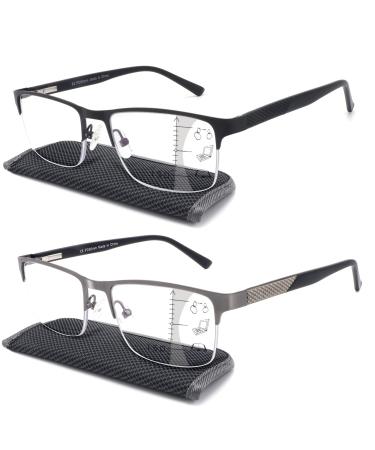 Men Premium Multifocus Reading Glasses Blue Light Blocking, MIssfive Progressive Metal Frame With No Broken Spring Hinge, 2 Pack (Workspace For Near Range) 1 Black 1 Gun-silver 2.5 x