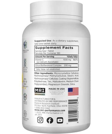 MRI Performance Vitamin C 1000mg, Antioxidant & Immune Support, Collagen & Skin Health Support, Citrus Bioflavonoid Complex (180 Vegetarian Tablets) - Buy Online on GoSupps.com