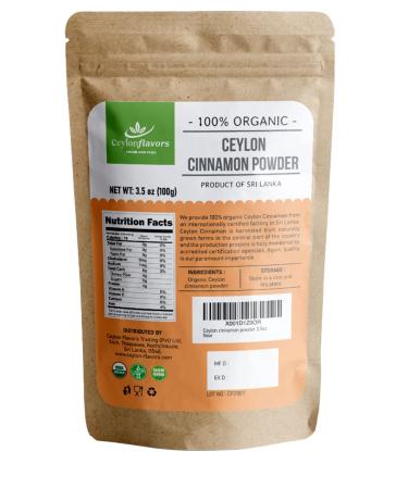 Ceylon Flavors Organic Ceylon Cinnamon Powder, Premium Special Grade, Non GMO, Harvested from a USDA Certified Organic Farm in Sri Lanka (3.5 oz)