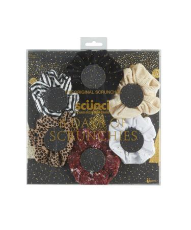 The Original Scrunchie  Six Days of Scrunchies Glamour Gift Set Includes 6 Unique Designs: Tan Dot Chiffon  White Velour  Black Velvet  Black & White Striped Satin  Beige Corduroy in Presentation Box Black/White/Beige/Ta...