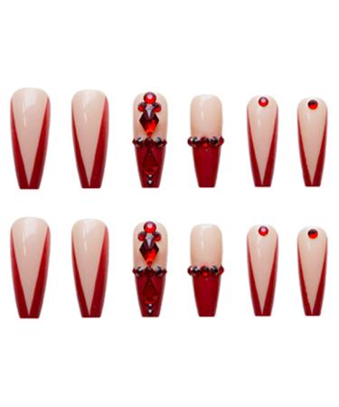 Burgundy French Tip Long Press On Nails with 3D Rhinestones - Red False Fake Acrylic Coffin Nails for Women - Buy Online on GoSupps.com