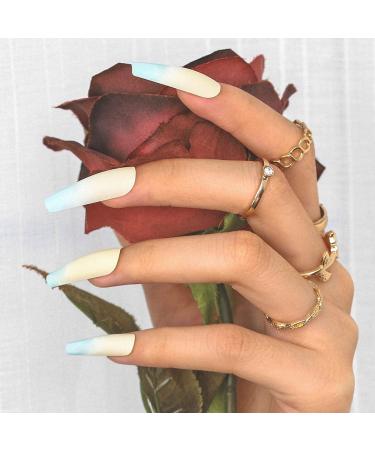 Sethexy Long Matte Ballerina False Nails - 24 Blue French Coffin Acrylic Tips with Glue for Women & Girls - Buy Online on GoSupps.com