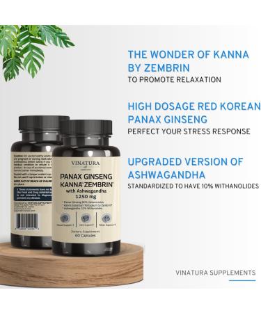 VINATURA Ashwagandha Korean Ginseng Kanna Zembrin Capsules - Brain Health & Stress Relief Support - 1250mg - Panax Ginseng & Sceletium Tortuosum Blend - Buy Online on GoSupps.com