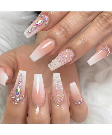 Yivaiks 24pcs Advanced Hand Made Glitter Gradient Pink Press on Nails Medium Length,Luxurious Crystal Gem Design Ballerina Long Coffin Fake Nails with Jelly Glue,Acrylic Nails Perfect Accessory for Banquets, Soirees, Parties(GD-004)