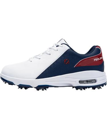 Fenlern Men's Golf Shoes - Lightweight Anti-Slip Outdoor Spiked Golf Shoes for Training (48 EU) - White & Dark Blue - Buy Online on GoSupps.com