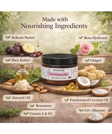 Annoor Kokum Patchouli Rose Body Butter Cream | 3 Oz | Enriched with Rose Hydrosol Kokum Butter Shea Butter Almond Oil Ginger Vitamin E and Vitamin B5 | Deeply Hydrating and Softening Cream - Buy Online on GoSupps.com