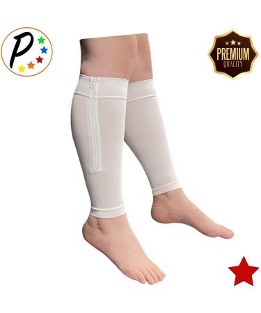 Premium White Footless Compression Shin Sleeves 20-30 mmHg - YKK Zipper Ideal for International Shipping - Buy Online on GoSupps.com