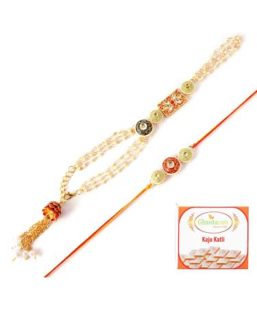 Ghasitaram Gifts Rakhis Online - Rakhi for Brother-MJ-4 Bhaiya Bhabhi Rakhi with 400 GMS of Kaju katli Rakhi Set with 400 gms of Kaju katli