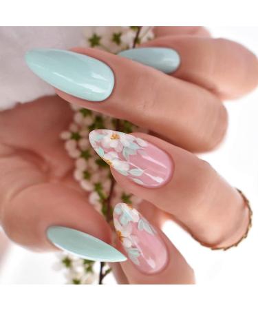 Blue Fake Nails Almond Shaped Press on Nails with Flower Designs Acrylic Nails Cute Full Cover False Nails Summer Glue on Nails for Women and Girls 24PCS Ald7