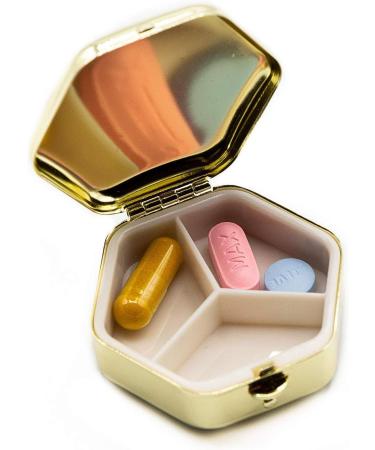 Gold Octagon Pocket Purse - Portable Travel Pill Box & Medicine Organizer with 3 Compartments - Ideal for International Shipping - Buy Online on GoSupps.com